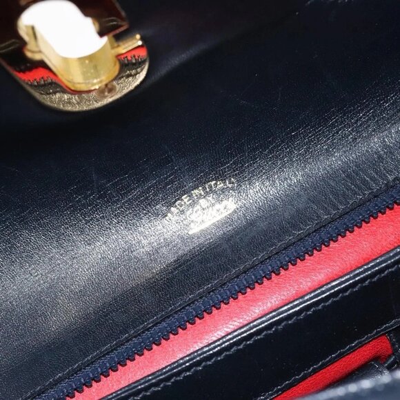 GUCCI Hand Bag Leather Navy Gold Auth e - Picture 13 of 16